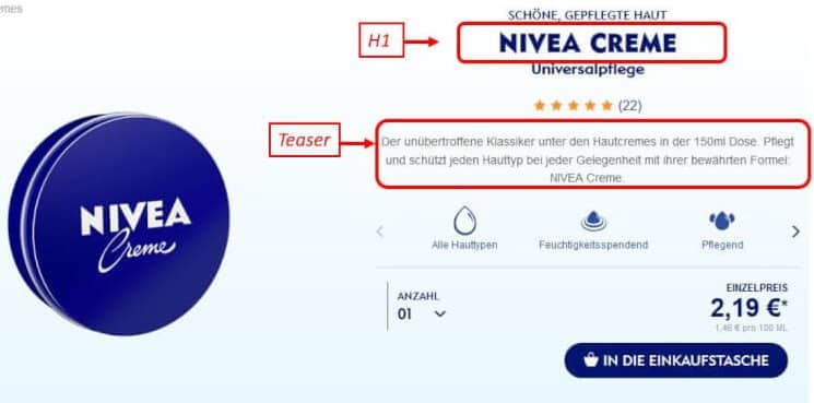 Seo optimierter Text auf Produktseite von Nivea 