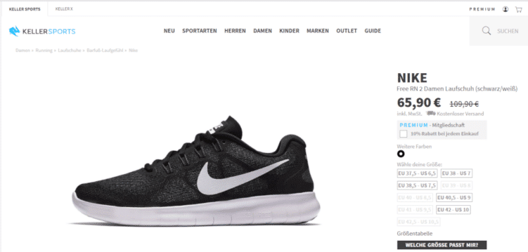 Screenshot aus dem Online Shop von Keller Sports, Produktdetailseite des Schuhs "Nike Free RN"