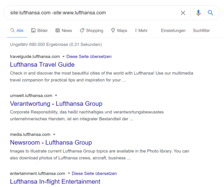 Google Ergebnisliste site-Search Lufthansa