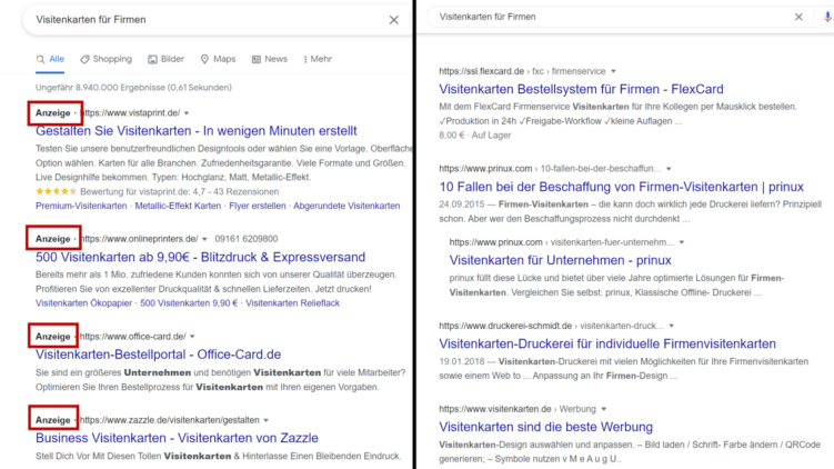 Google Anzeigen (links) vs. Google organische Ergebnisse (rechts)