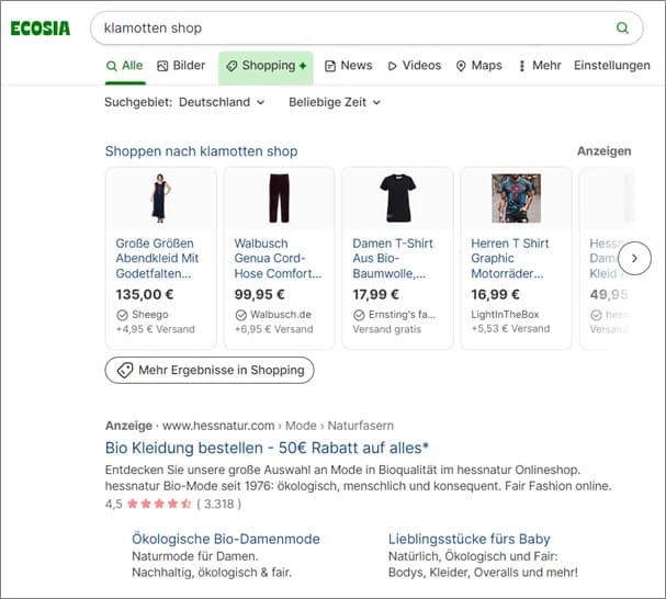Ein Screenshot von Ecosia Ads zur Suchanfrage Klamotten shop.