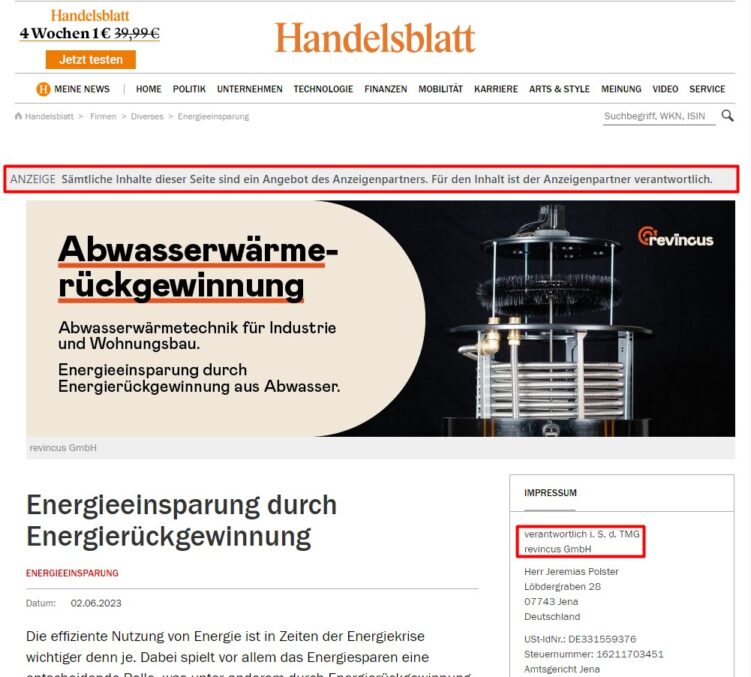 Beispiel für ein Advertorial im Handelsblatt