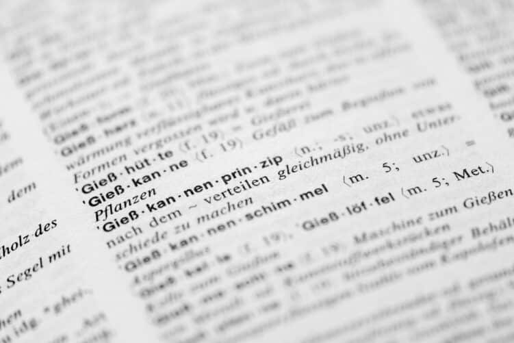 Foto eines Wörterbucheintrags, Fokus Gießkannenprinzip, gedruckte Wörter