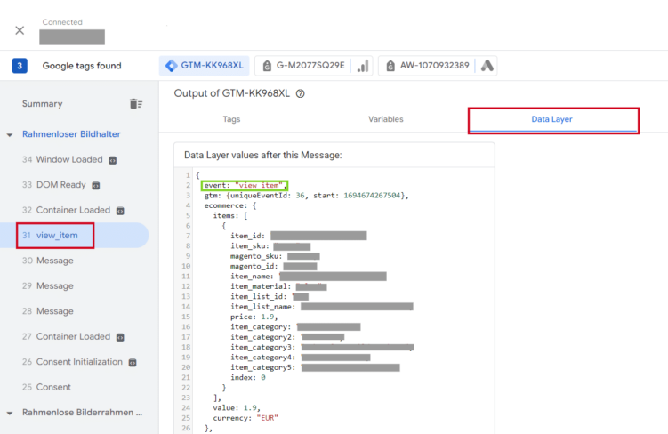 Google Tag Manager "view_item" Code ansicht