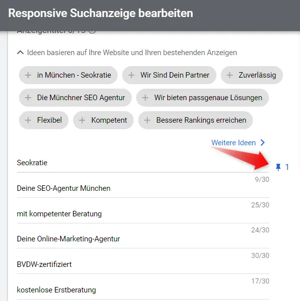 Titel und Beschreibung können bei Responsive Suchanzeigen bearbeiten angepinnt werden