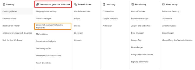 Google Ads Tools und Einstellungen Übersicht