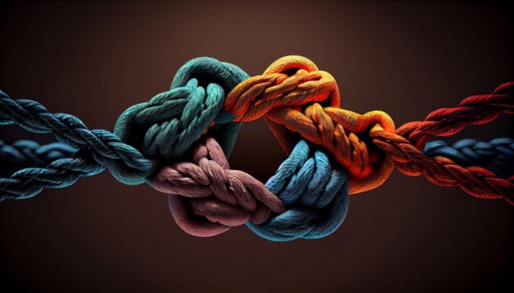 Verschiedene Seile, die sich mit einander verknüpfen und einen Knoten bilden 
