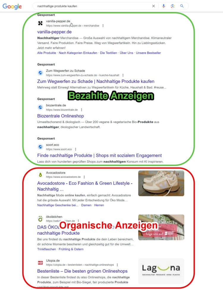 Screenshot einer Suchergebnisseite in Google, der die Aufteilung von bezahlten Anzeigen und organische Anzeigen zeigt