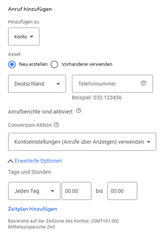 Screenshot, wie neue Anruferweiterungen im Google-Ads-Konto angelegt werden 