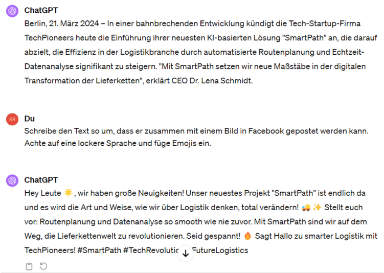 Chatverlauf in ChatGPT zur Umwandlung eines Textabschnitts
