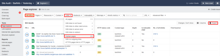 Orphan Pages finden mit ahrefs