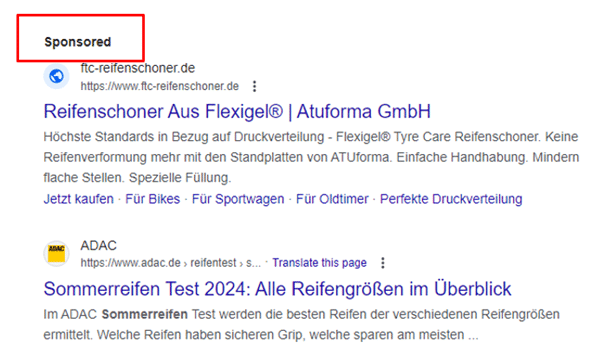 Suchergebnisseite auf Google zum Thema „Sommerreifen“