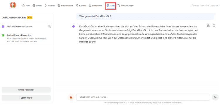 Chatfunktion in der Suchmaschine DuckDuckGo