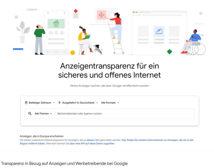 Screenshot der Startseite des Google Ads Transparency Centers