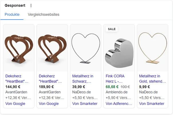 Screenshot von Google Shopping Ads für Metall Deko Herzen
