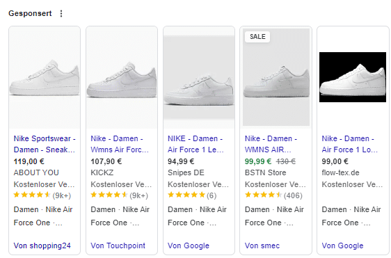 Screenshot von Google Shopping Ads zu weißen Nike Air Force