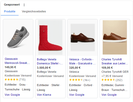 Screenshot von Google Ads zu Schuhen