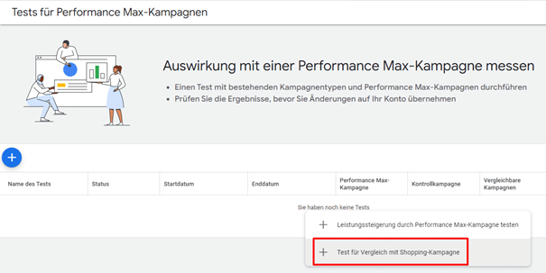 Screenshot der Test für Performance Max-Kampagnen Oberfläche