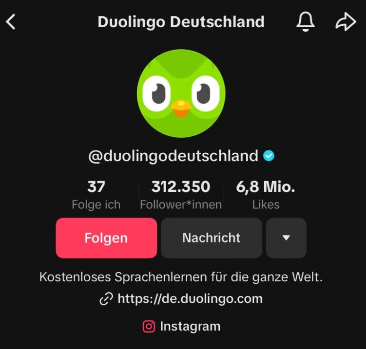 Das TikTok-SEO-Profil von Duolingo.