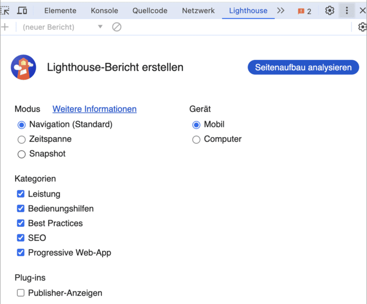 Übersicht über den Lighthousetest in den Chrome DevTools