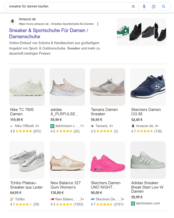 Screenshot von Shoppingergebnissen zu Damen-Sneakern