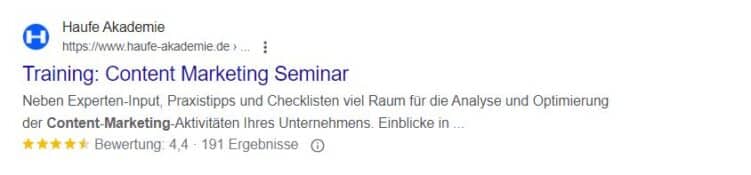 Anzeige von Sterne-Bewertungen in den SERPs für die Domain haufe-akademie.de