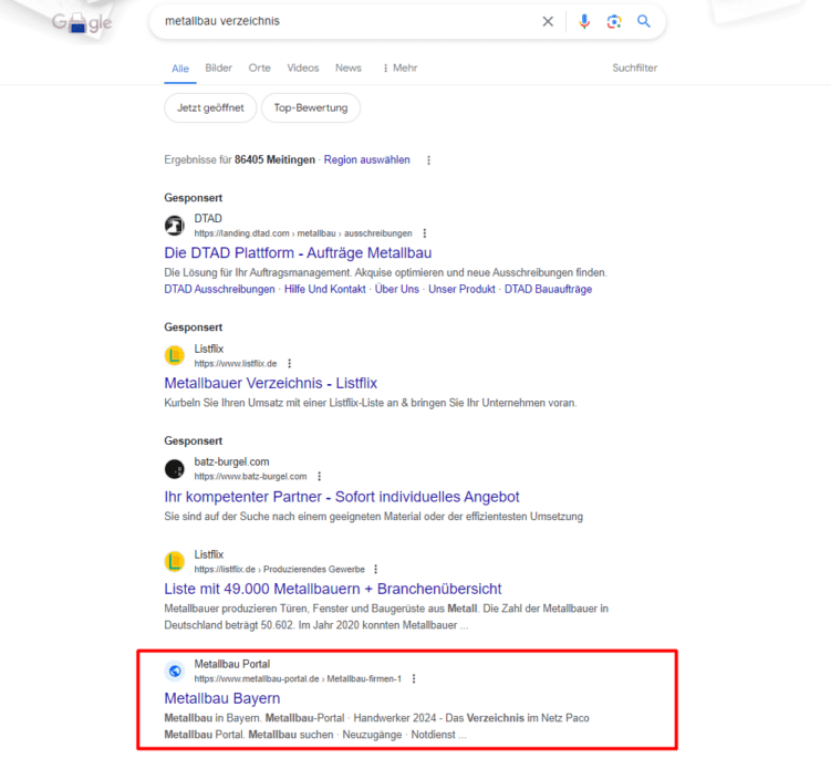 Beispiele für Branchenverzeichnisse im Metallbau-Sektor