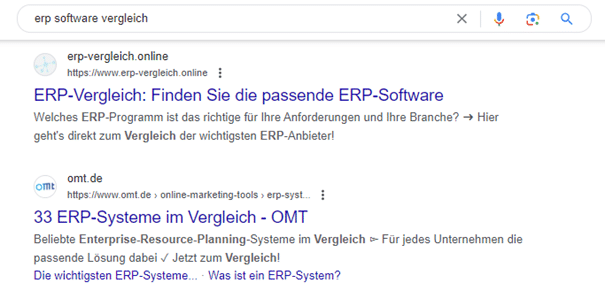 Screenshot von Google Suchergebnissen für ERP Software Vergleich