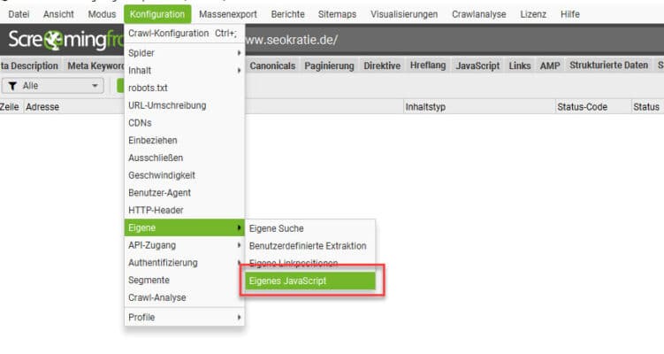 Der Screenshot zeigt den zweiten Schritt der SEO-Automation mit Screaming Frog.