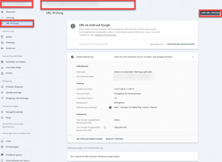 Screenshot URL Prüfung in der Search Console