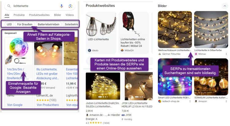 Produkte, Anzeigen, Bilder und Filteroptionen in den SERPs von „lichterkette“