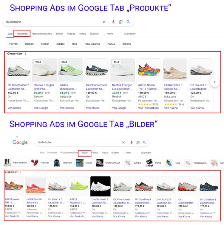 Screenshot Google Suchergebnisseite mit markierten Produktanzeigen für den Suchbegriff Laufschuhe.