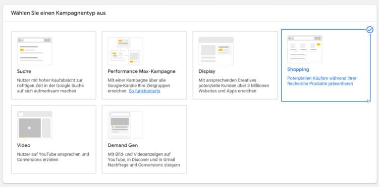 Screenshot aus der Google Ads Benutzeroberfläche zur Auswahl des Kampagnentyps Shopping.