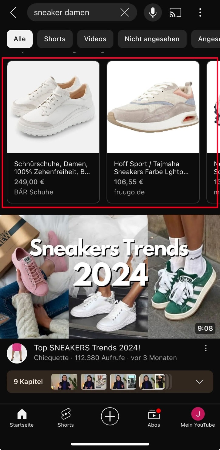 Screenshot Mobilgerät mit farblich markierten Produktanzeigen für eine YouTube Suche mit dem Suchbegriff Sneaker Damen