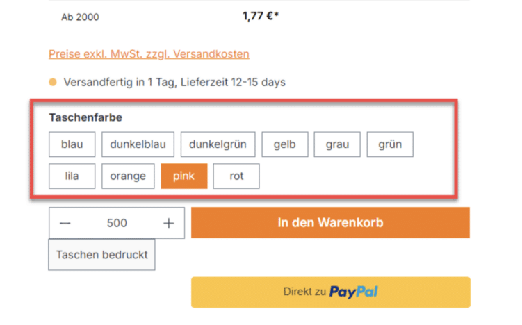 Mit Buttons lassen sich in einem Onlineshop z.B. Farben eines Produktes auswählen 