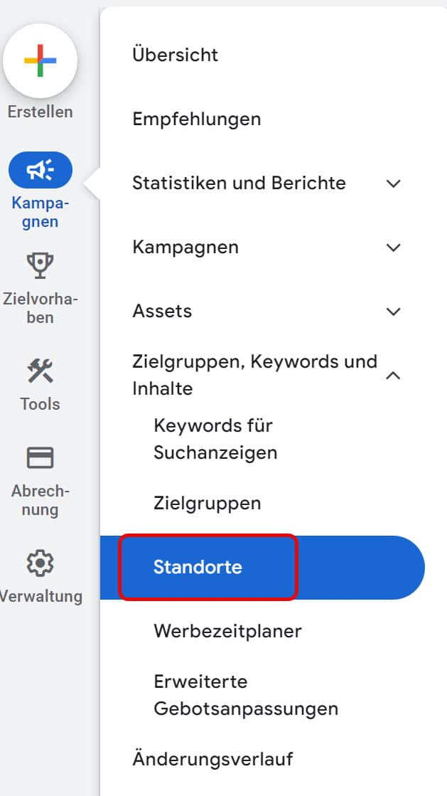 Screenshot Google Ads mit markierten Menüpunkt Standorte