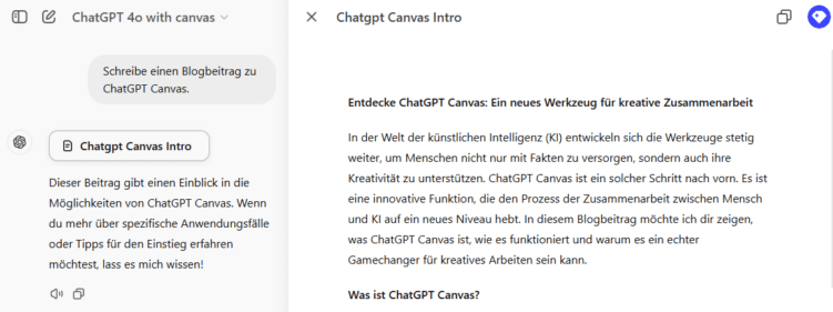 ChatGPT Canvas - Screenshot Ansicht